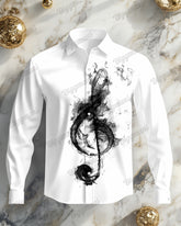 Big Guy's Casual Simple Ink Music Symbols Print Lapel Long Sleeve Shirt